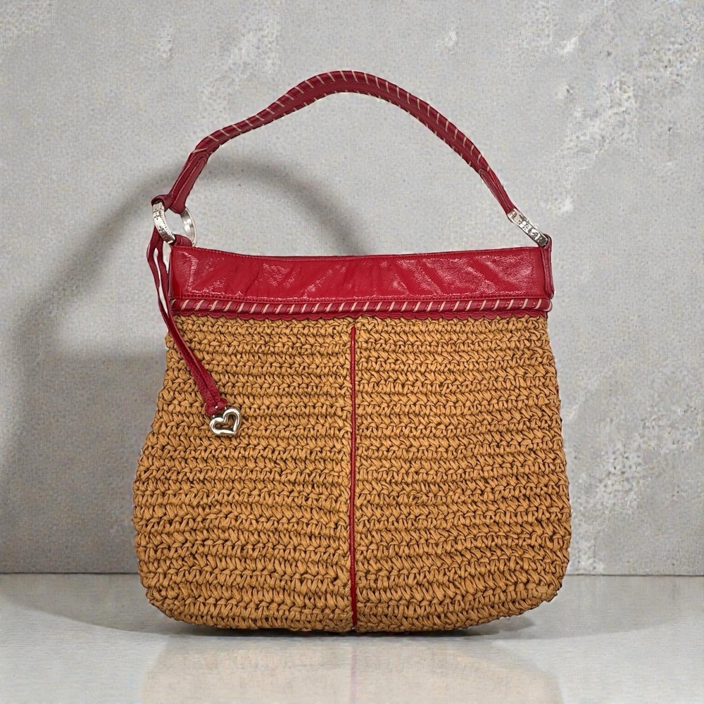 Brighton Straw Raffia Woven Shoulder Bag Purse Red Leather Trim Beach‎ Boho Hobo